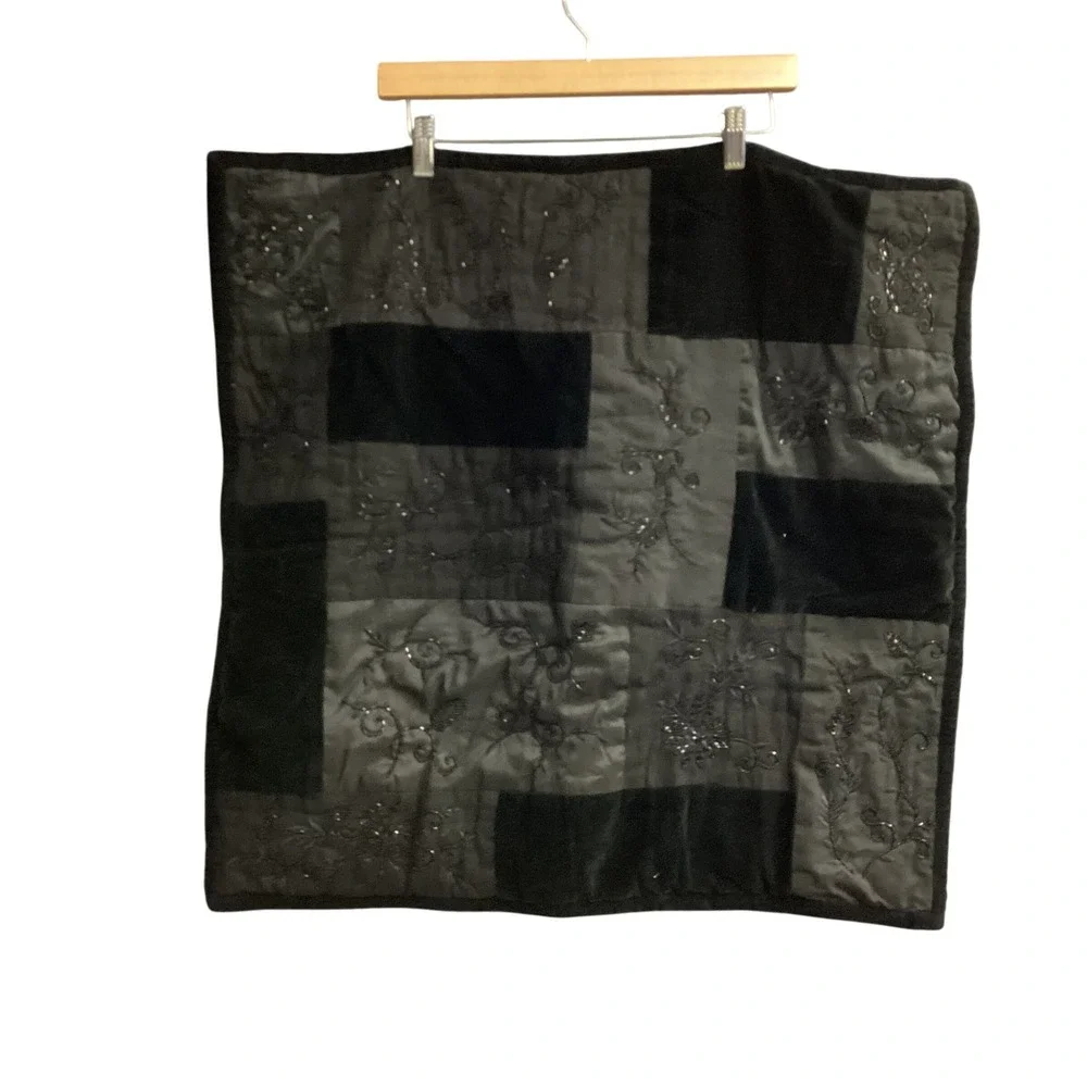 Ralph Lauren Beaded Pillow Black Velvet Patchwork Decorative 25x25 Cover Sham